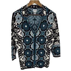 Chicos Black & Teal Floral Long Sleeve Single Button Close Cardigan Size 2 US L